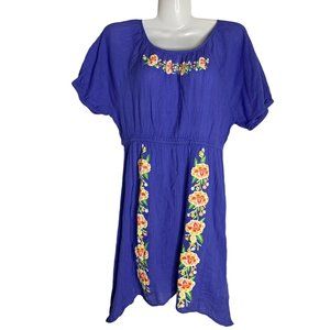 Disney D-Signed Embroidered Dress L Girls Blue Floral Elastic Waist Cotton